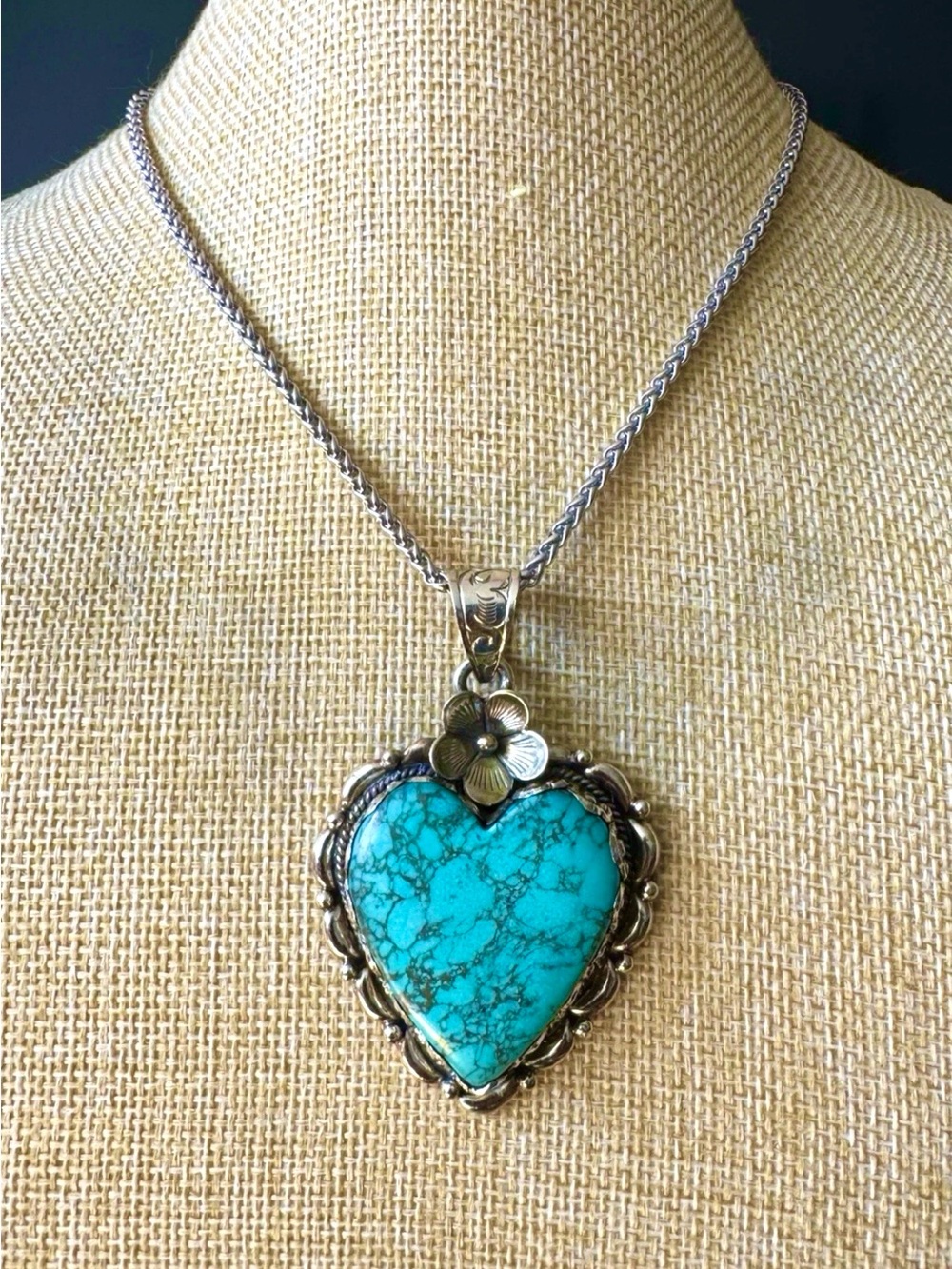Handcrafted Heart Shape Howlite Turquoise Pendant Set In Silver 3”inch & 29grams - Picture 6 of 8